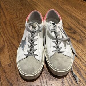 Golden Goose White Leather Sneakers with Pink Heel and Gray Suede Toe